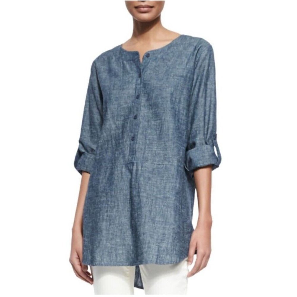 Eileen Fisher Linen Chambray Blue‎ Oversized Tunic Half-button Shirt Top Petite